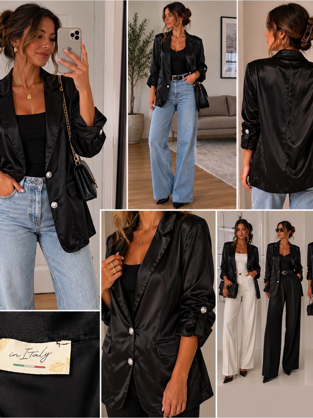 Black Satin Button-Front Blazer - Women's
